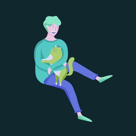 Vector character. Happy people with their pets, cat love their owners. Colorful flat concept illustration.のイラスト素材
