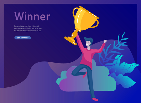 Business Team Success hold Golden winner cup, concept of people are happy with victory. Office Workers Celebrating with Big Trophy, ways goals, first place in business, financial growth. Landing pageのイラスト素材