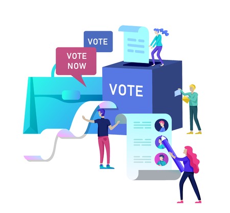 Voting and Election concept. Pre-election campaign. Promotion and advertising of candidate. Citizens debating candidates for voting and voting Online voting and election concept with people.のイラスト素材