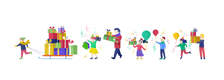 Happy group of children having fun at birthday party. Happy Christmas Day Celebrating together happy. Group of cartoon people in Santa hats and children. Jump and throw giftのイラスト素材