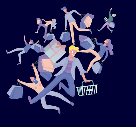 Collection of people carrying shopping bags with purchases. Madness on sale, line of crazy Men and women taking part in seasonal sale at store, shop, mall. Cartoon characters concept for black friday.のイラスト素材