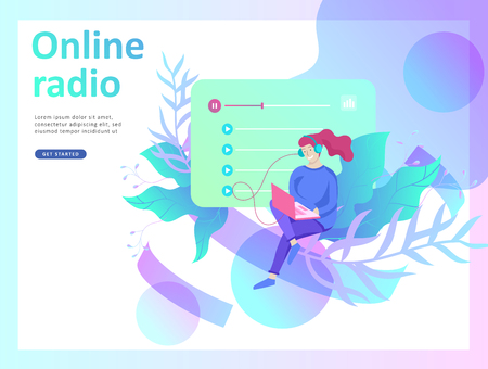 Concept of internet online radio streaming listening, people relax listen dance. Music applications, playlist online songs, radio station. Music blog, sound recording studio. Landing page template.のイラスト素材