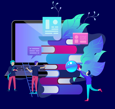 Concept Education people, Internet studying, online training, online book, tutorials, e-learning for social media, distance education, documents, cards, posters. Vector illustration online educationのイラスト素材