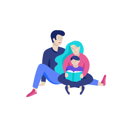 Family spend time together, happy parents with children. Vector people character. Editable outline stroke size. Colorful flat concept illustration.のイラスト素材