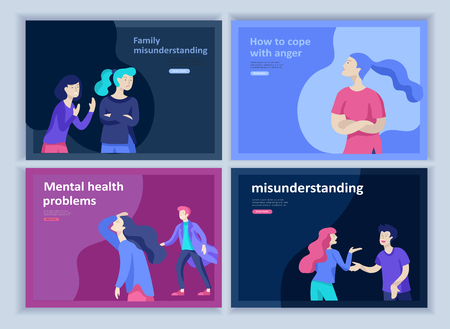 Set of Landing page templates for psyhology mental problems, depression panic attacks, paranoia anger control, relationship family conflict, stress and misunderstanding, group psychotherapy characterのイラスト素材
