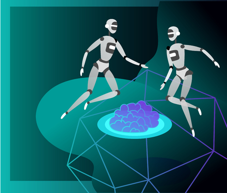 Concept of Artificial Intelligence and Cyber Monday, futuristic cyberpunk design, cyborgs work on surrealistic project, modern nano technology for website and mobile website. Landing page templateのイラスト素材