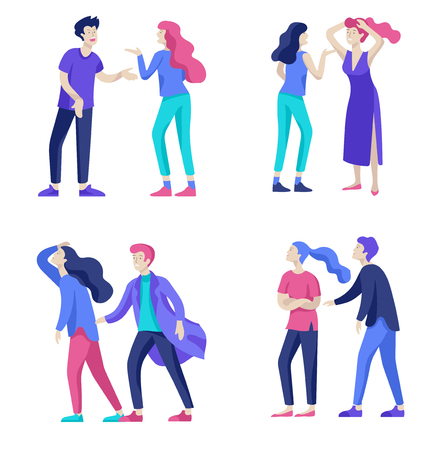 Vector people in bad emotions, character in conflict, angry or tired and in stress. Aggressive people yell at each other. Colorful flat concept illustration.のイラスト素材
