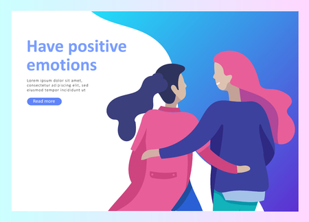 Landing page templates for positive psychology, group family psychotherapy. Happy friends character have positive emotions, way to happiness and happy life munderstanding with friends and lovedのイラスト素材