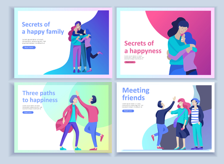 Set of Landing page templates for positive psychology, group family psychotherapy. Happy friends character have positive emotions, way to happiness and happy life munderstanding with friends and lovedのイラスト素材