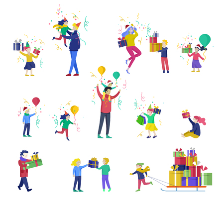 Happy Christmas Day Celebrating together happy. Group of cartoon people in Santa hats and children. Jump and throw gift. Merry Christmas and Happy New Year family character. Illustration, vectorのイラスト素材