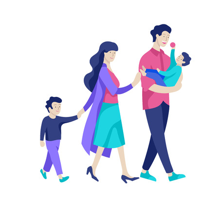 Family spend time together, happy parents with children. Vector people character. Editable outline stroke size. Colorful flat concept illustration.のイラスト素材