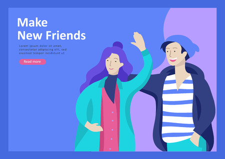 Landing page templates. Vector people happy friends character teenagers with gadgets are walking and chatting, meet new people, chat with old friends and make new. Colorful flat illustrationのイラスト素材