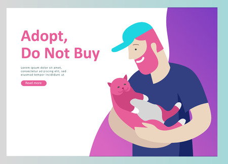 Set of Landing Page Templates with Vector Symbol. Happy people with their pets, a cat loves its owners, care and love, a pet shop and a veterinary pharmacy. Animal Day and adoption. Vector illustrationのイラスト素材