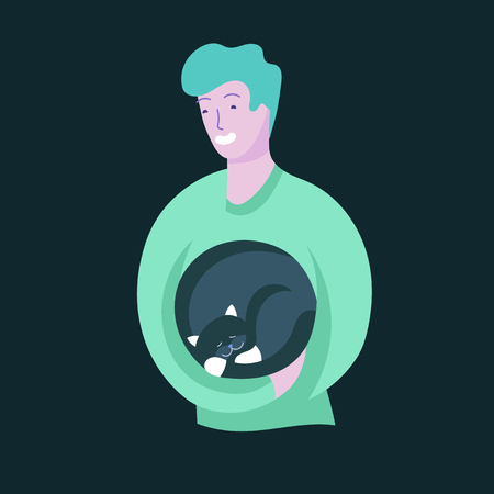 Vector character. Happy people with their pets, cat love their owners. Colorful flat concept illustration.のイラスト素材