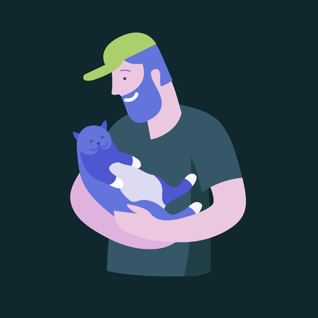 Vector character. Happy people with their pets, cat love their owners. Colorful flat concept illustration.のイラスト素材