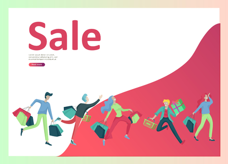 Landing page templates. People running for sale, crazy discounts, end of season, carrying shopping bags with purchases. Madness on seasonal sale at store shop. Cartoon character for black fridayのイラスト素材