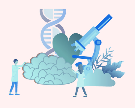 Neurology genetics concept. Flat style little people doctors medical team working, constructing DNA, researching Deoxyribonucleic acid. Brain, Creative mind, learning and design Landing page template.のイラスト素材
