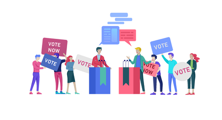 Voting and Election concept. Pre-election campaign. Promotion and advertising of candidate. Citizens debating candidates for voting and voting Online voting and election concept with people.のイラスト素材
