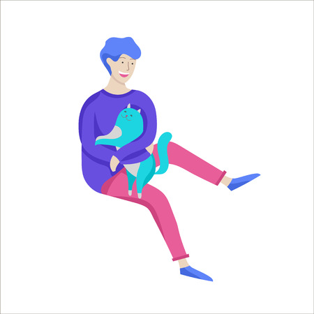 Vector character. Happy people with their pets, cat love their owners. Colorful flat concept illustration.のイラスト素材