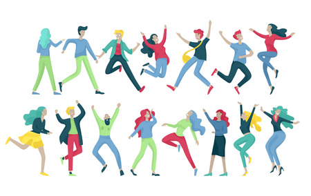 Jumping character in various poses. Group of young joyful laughing people jumping with raised hands. Happy positive young men and women rejoicing together, happiness, freedom, motion people concept.のイラスト素材