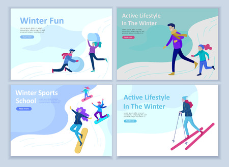 Set of Landing page templates. People dressed in winter clothes or outerwear performing outdoor activities fun. Snow festival, sledding or snowboard. Christmas family ski skating, skiing extreme sportのイラスト素材