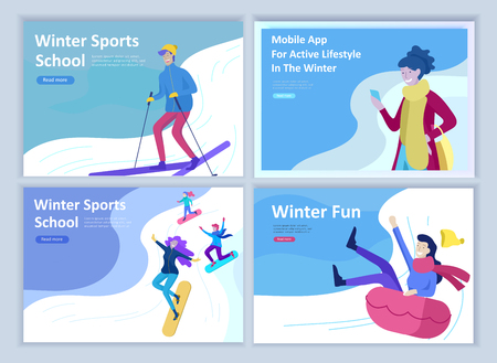 Set of Landing page templates. People dressed in winter clothes or outerwear performing outdoor activities fun. Snow festival, sledding or snowboard. Christmas family ski skating, skiing extreme sportのイラスト素材
