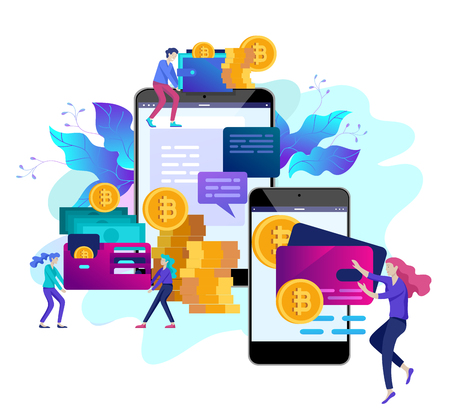 Cryptocurrency and blockchain composition with people, analysts and managers working on crypto start upのイラスト素材