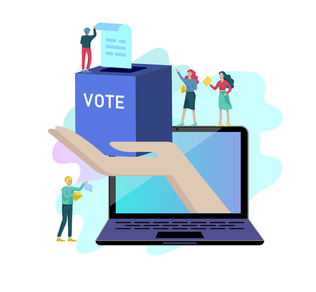 Voting and Election concept. Pre-election campaign. Promotion and advertising of candidate. Citizens debating candidate. Online voting and election concept with people.のイラスト素材