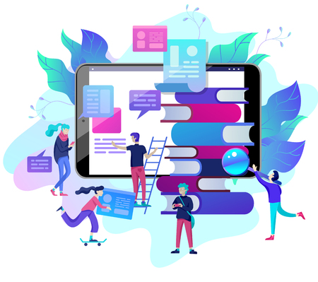 Concept Education people, Internet studying, online training, online book, tutorials, e-learning for social media, distance education, documents, cards, posters. Vector illustration online educationのイラスト素材