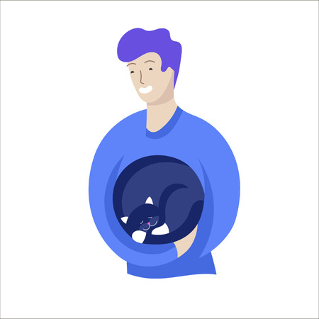 Vector character. Happy people with their pets, cat love their owners. Colorful flat concept illustration.のイラスト素材