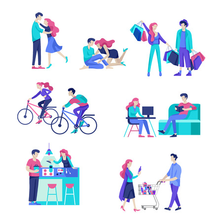 Everyday routine scenes and spend time together of young romantic couple. Pair of boy and girl cleaning up house, cooking food, washing clothes. Vector people character. Editable outline stroke size. Colorful flat concept illustration.のイラスト素材