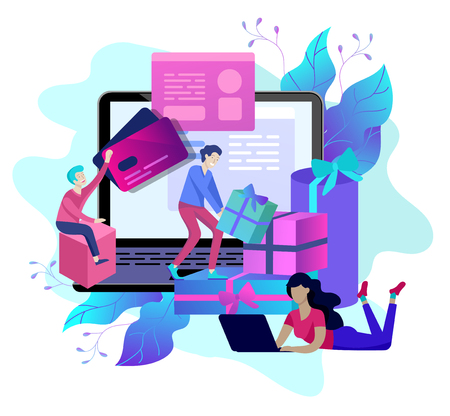Landing page template of Online Shopping people and mobile payments. Vector illustration pos terminal confirms the payment using a smartphone, Mobile payment, online banking.のイラスト素材