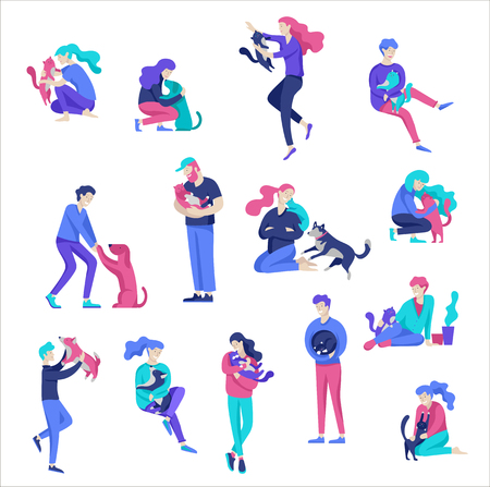 Vector character. Happy people with their pets, cat and dog love their owners. Colorful flat concept illustration.のイラスト素材