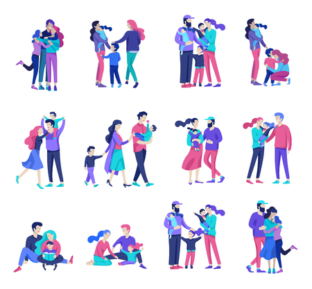 Family spend time together, happy parents with children. Vector people character. Editable outline stroke size. Colorful flat concept illustration.のイラスト素材