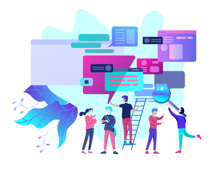 Concept Landing page template, flat style, businessmen discuss social network, news, social networks, chat, dialogue speech bubbles, new projectsのイラスト素材