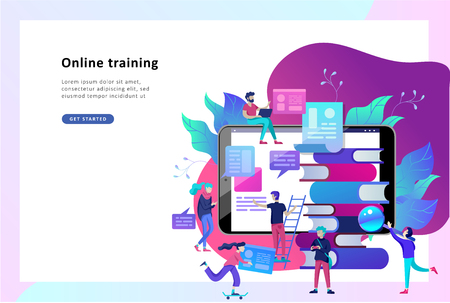 Concept Landing page template Education people, Internet studying, online training, online book, tutorials, e-learning for social media, distance education, documents, cards, postersのイラスト素材