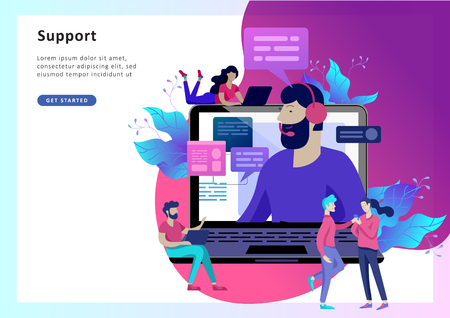 Concept Landing page template customer service, male hotline operator advises client, online global technical support, customer and operatorのイラスト素材