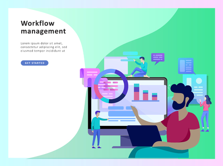 Concept illustration of business, office workers analysis of the evolutionary scale, SEO, market research Web site coding, internet search optimization. Landing page template, social mediaのイラスト素材