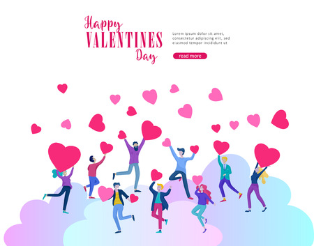 Happy Valentines day cards template with couple and people in love isolated in heart on a colorful abstract background, typography poster elements, festive composition design, vector illustrationのイラスト素材