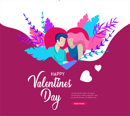Happy Valentines day Landing page template with couple in love isolated in heart on a colorful abstract background, typography poster elements, festive composition design, vector illustrationのイラスト素材