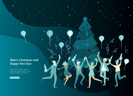 Landing page template or card winter Holidays corporate Party. Merry Christmas and Happy New Year Website with People Characters. Company of young friends or colleagues celebratesのイラスト素材