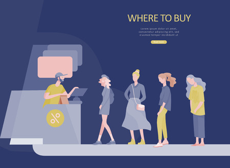 People queue in supermarket with cashier, where to buy concept of customer and shop assistant. Selling interaction, purchasing process. Creative landing page design templateのイラスト素材
