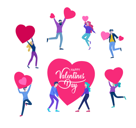 Happy Valentines day cards template with couple and people in love isolated in heart on a colorful abstract background, typography poster elements, festive composition design, vector illustrationのイラスト素材