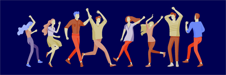Jumping character in various poses. Group of young joyful laughing people jumping with raised hands. Happy positive young men and women rejoicing together, happiness, freedom, motion people concept.のイラスト素材