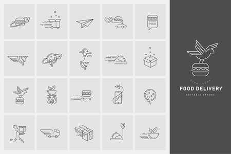 Vector icon and logo for food online deliwery. Editable outline stroke size. Line flat contour, thin and linear design. Simple icons. Concept illustration. Sign, symbol, element.のイラスト素材