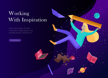 landing page template. Inspired People flying. Create your own spase. Character moving and floating in dreams, imagination and freedom inspiration design work. Flat design styleのイラスト素材