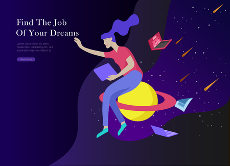 Job presentation banner page. Inspired People flying, choose career or interview a candidate, agency human resources creative find experience. Character find work of dreams, design illustrationのイラスト素材