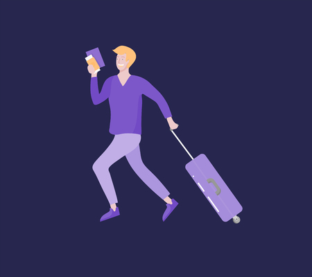 Tourist man with laggage travelling alone, go on journey. Traveler in various activity with luggage and equipment. Vector illustrationのイラスト素材