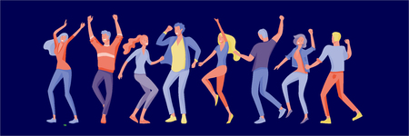 Jumping character in various poses. Group of young joyful laughing people jumping with raised hands. Happy positive young men and women rejoicing together, happiness, freedom, motion people concept.のイラスト素材