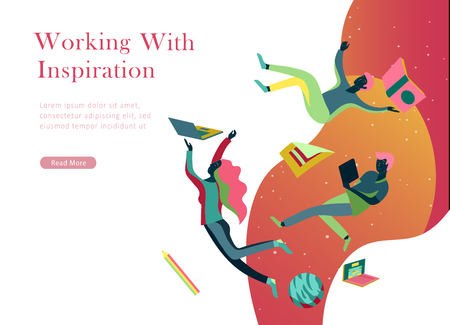 landing page template. Inspired People flying. Create your own spase. Character moving and floating in dreams, imagination and freedom inspiration design work. Flat design styleのイラスト素材